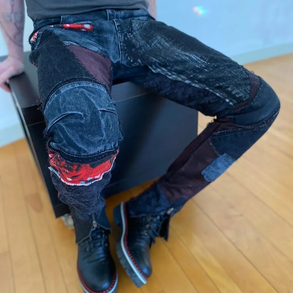 Acid Washed Black & Grey jeans with Metallic silver and CRIMSON Rose Tie Dye - Picture 7 of 17